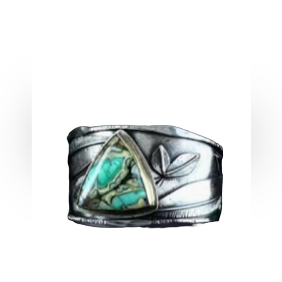 Silver and Turquoise Irregular Leaf Unisex Ring - Picture 1 of 8